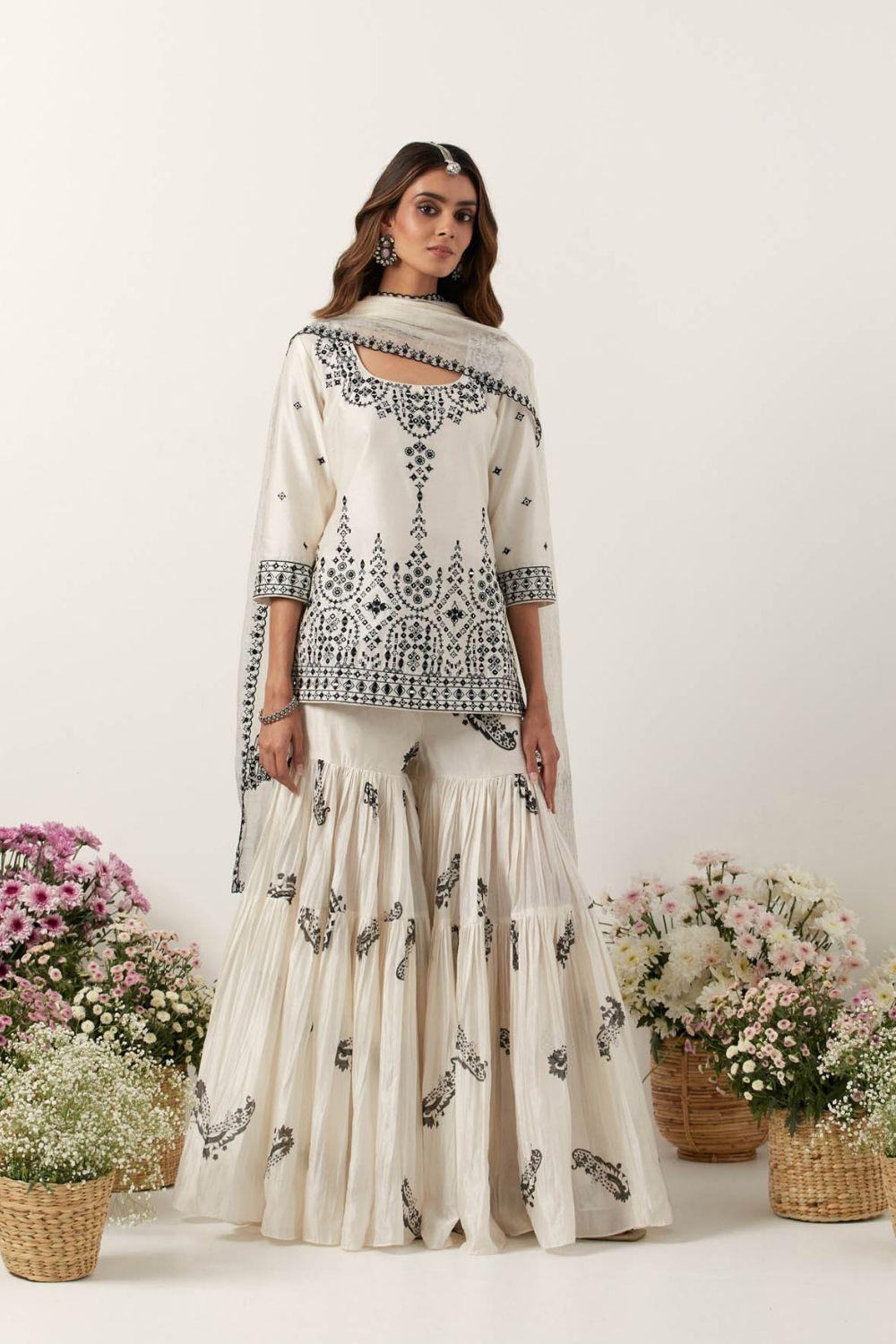 Ivory Mirror & Resham Embroidered Kurti Paired With Gharara & Dupatta