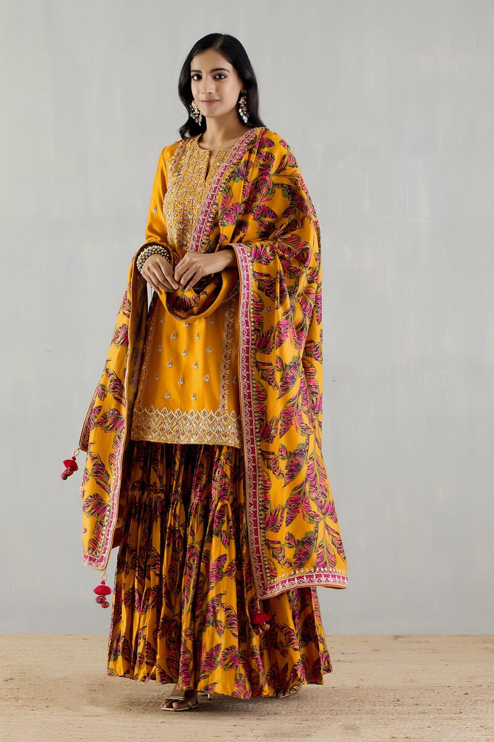 Mustard Kurti With Printed Gharara And Dupatta