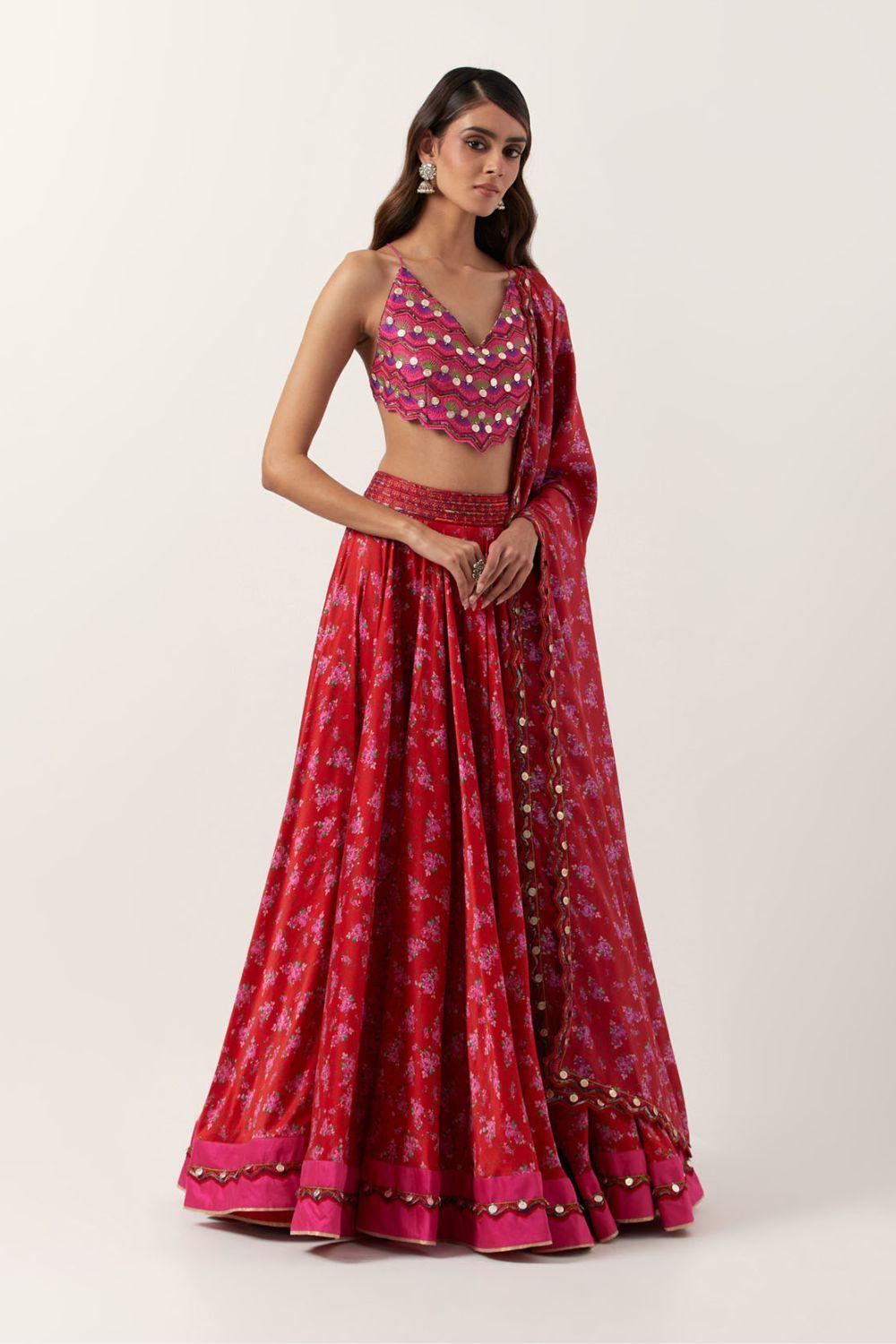 Surkh Laal Floral Lehenga Paired With Top & Dupatta