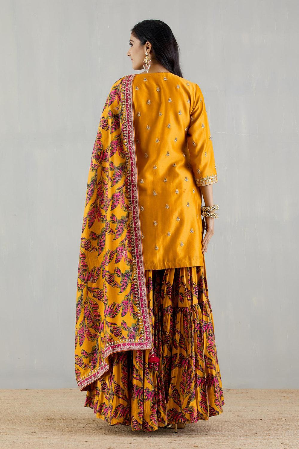 Mustard Kurti With Printed Gharara And Dupatta