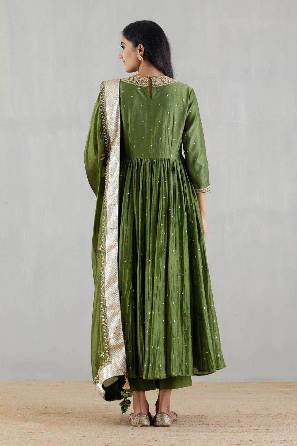 Pickle Green Zero Neck Anarkali With Dupatta And Chudidar