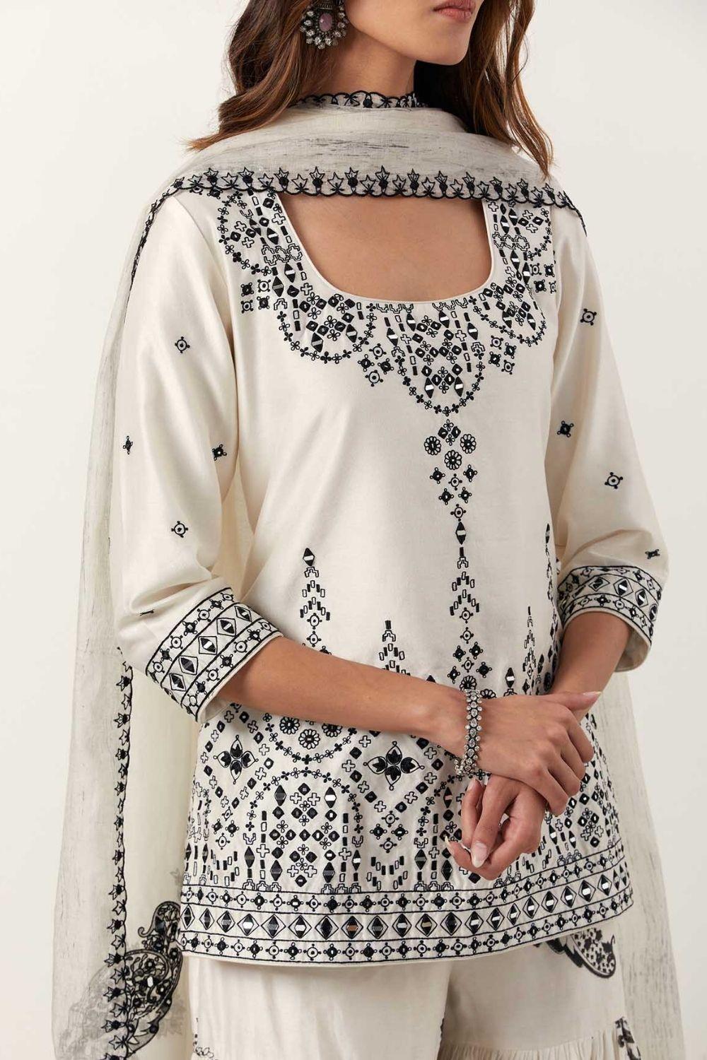 Ivory Mirror & Resham Embroidered Kurti Paired With Gharara & Dupatta