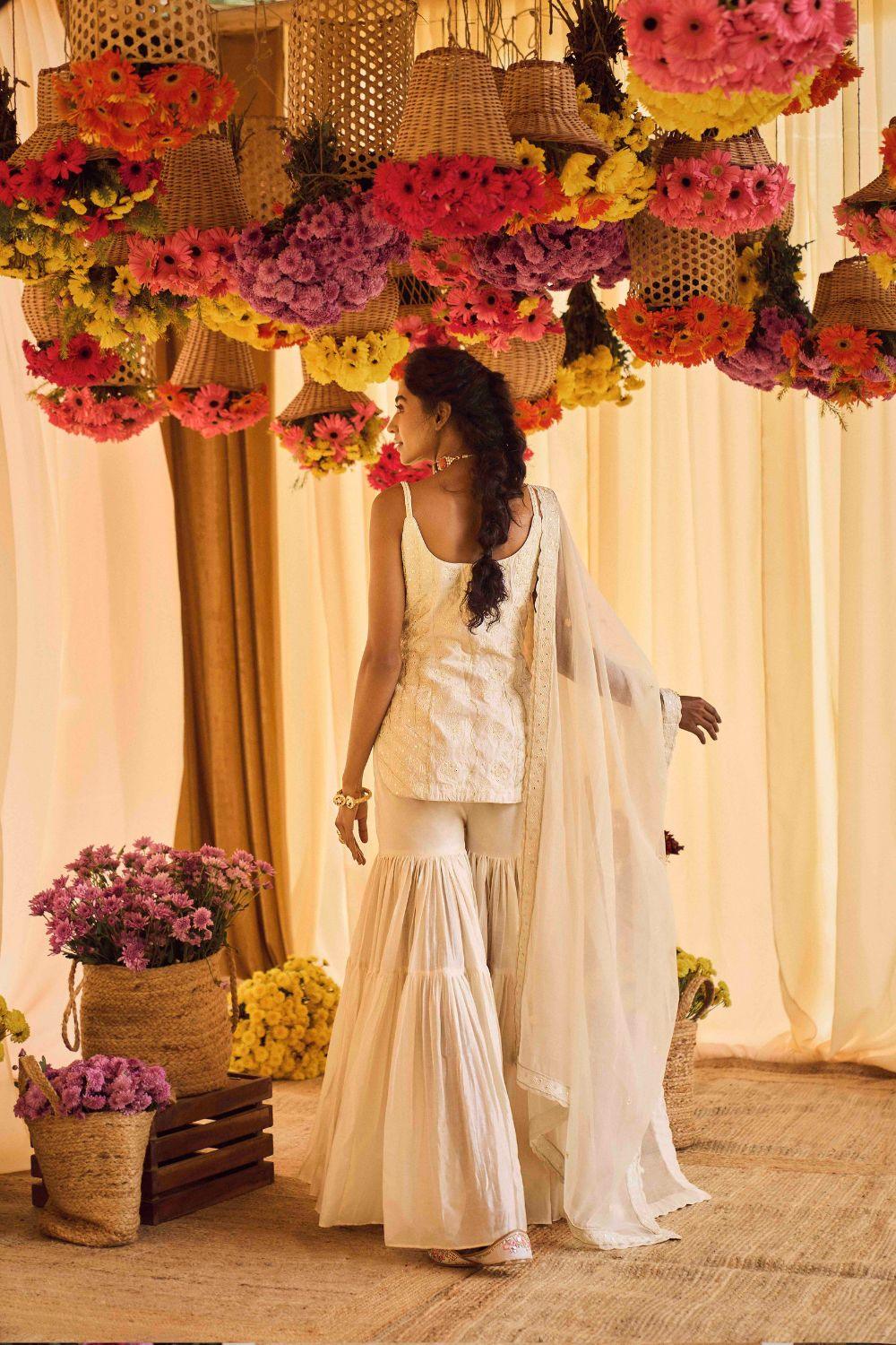 Ivory Kurti With Gharara And Organza Silk Dupatta