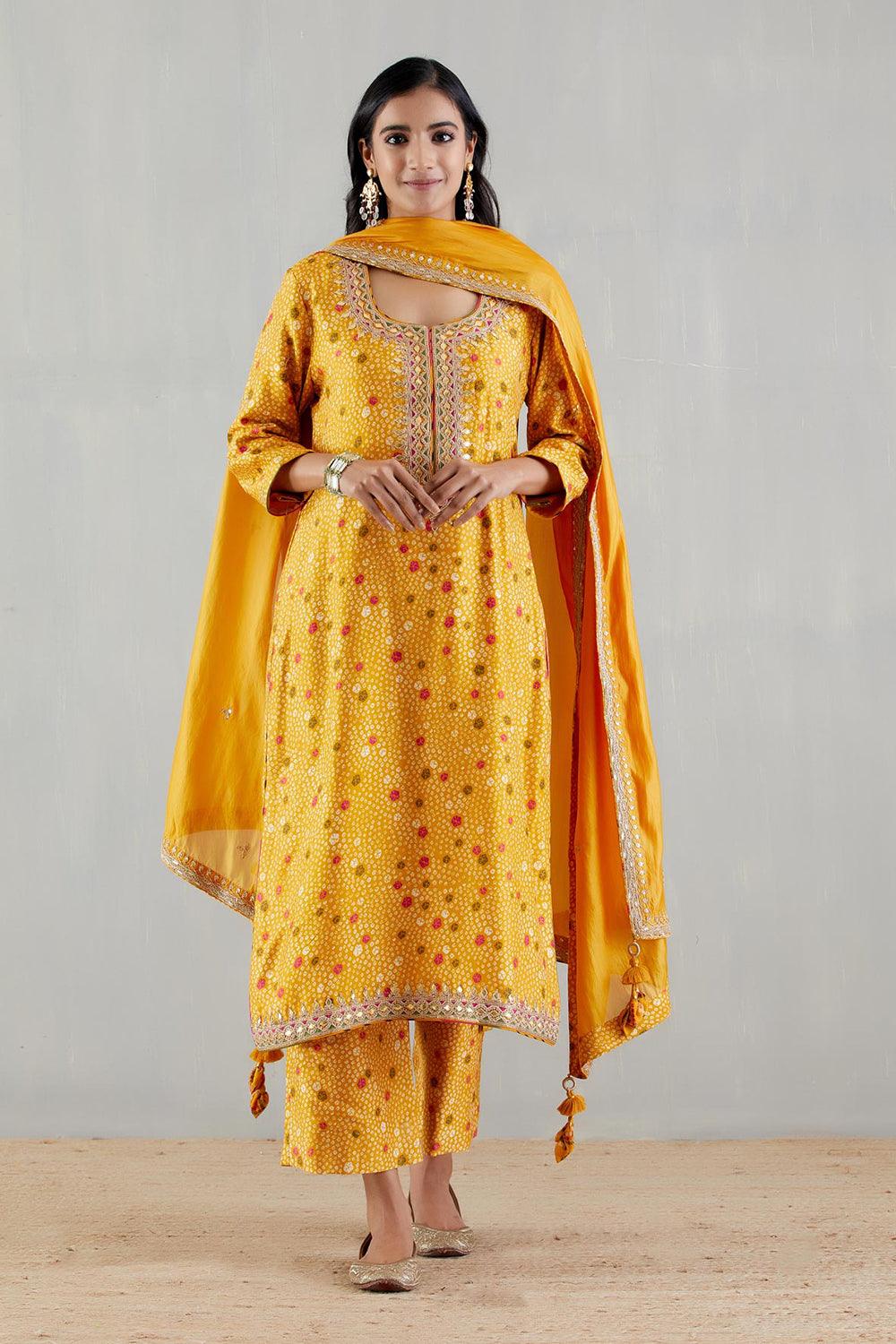Mustard Printed Kurta With Organza Silk Dupatta And Pants