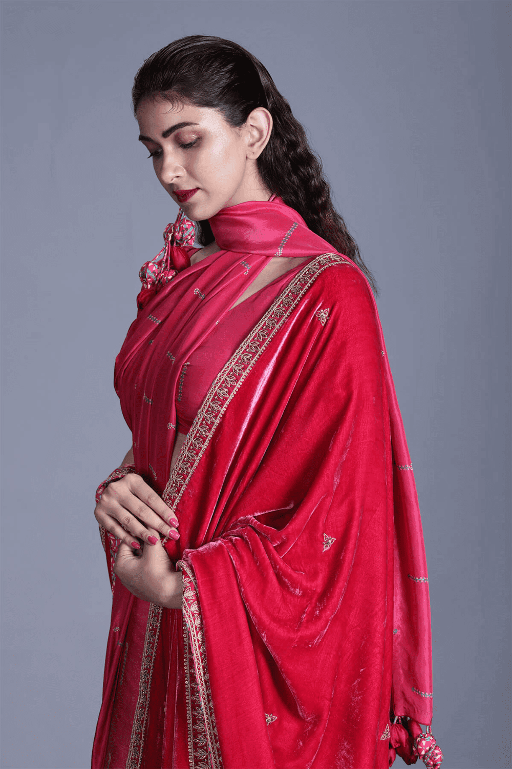 Rapture Rose Color Plain Saree With Puff Sleeve Blouse