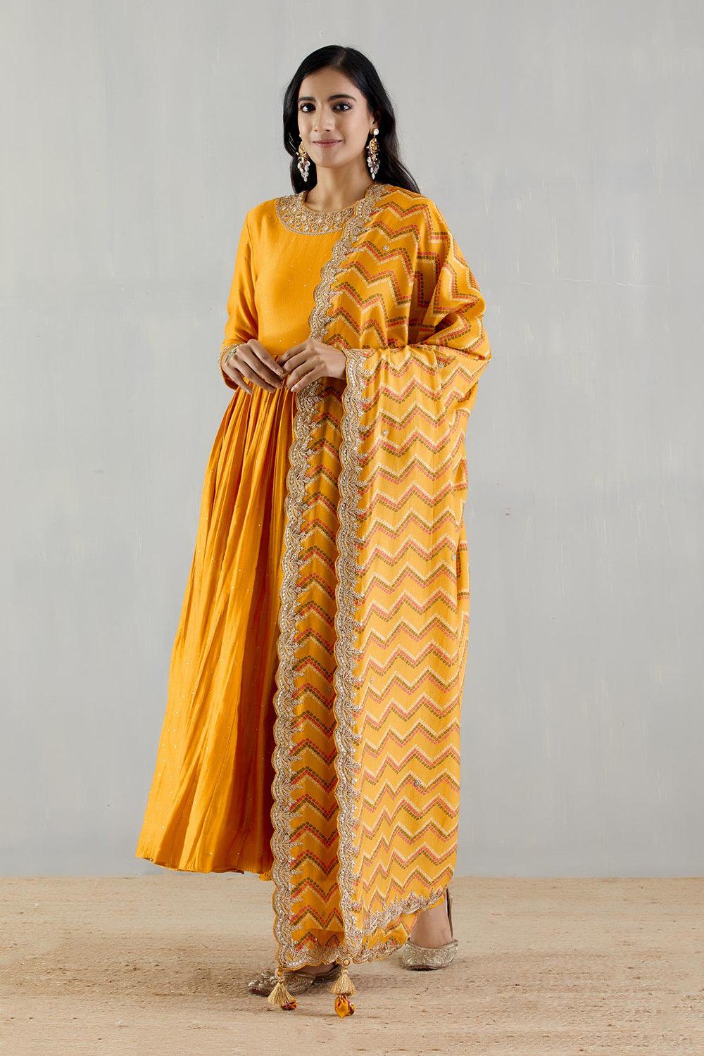 Mustard Anarakli With Printed Dupatta And Chudidar