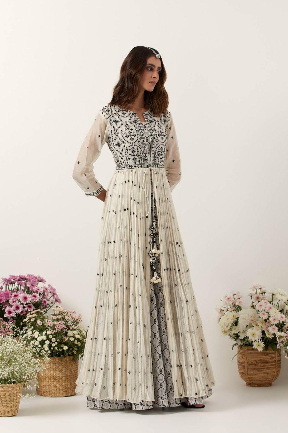 Ivory Resham & Mirror Work Front Open Anarkali Set