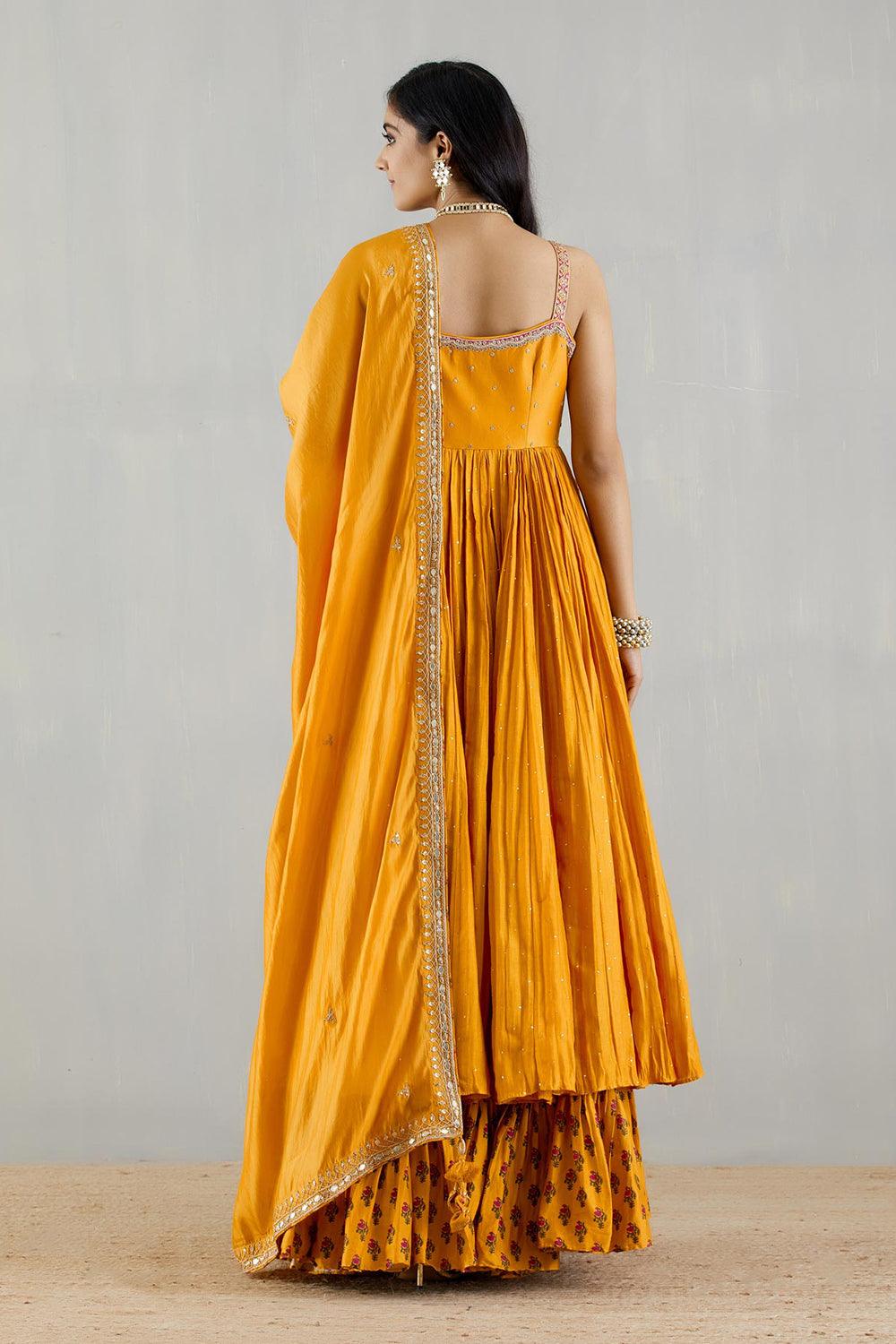 Mustard Strappy Kurta With Printed Gharara And Organza Silk Dupatta