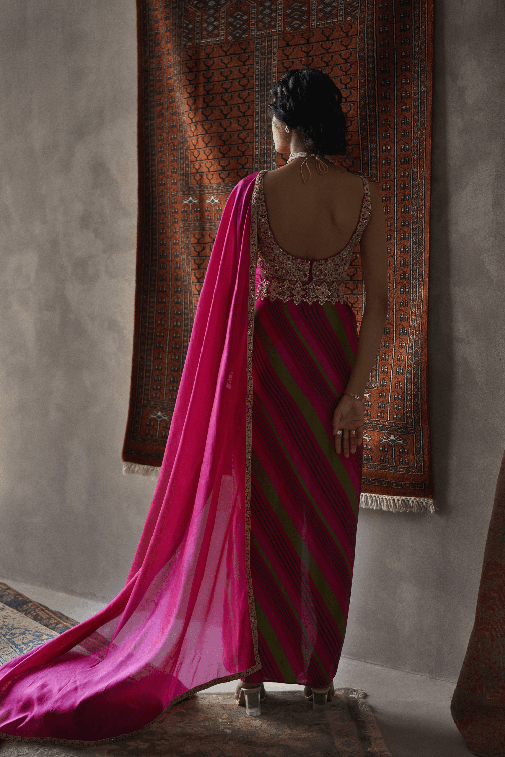 Cherry Red Satin Silk And Organza Silk Drape Saree Set