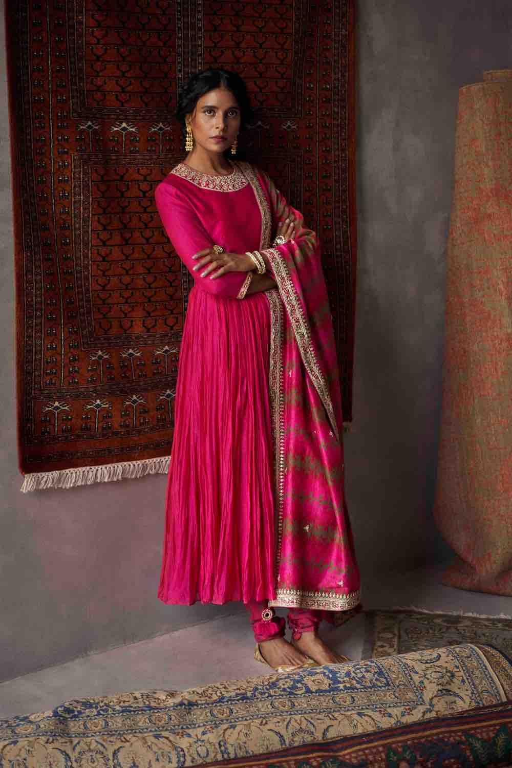 Fuchsia Pink Handloom Chanderi Anarkali Set