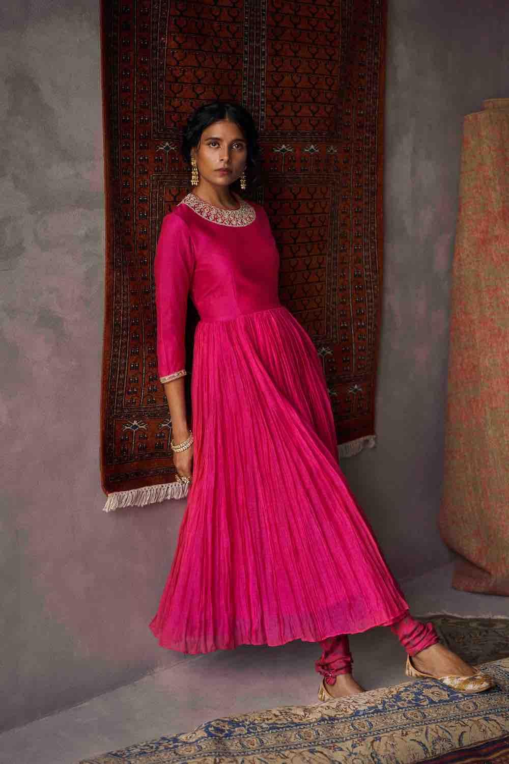Fuchsia Pink Handloom Chanderi Anarkali Set