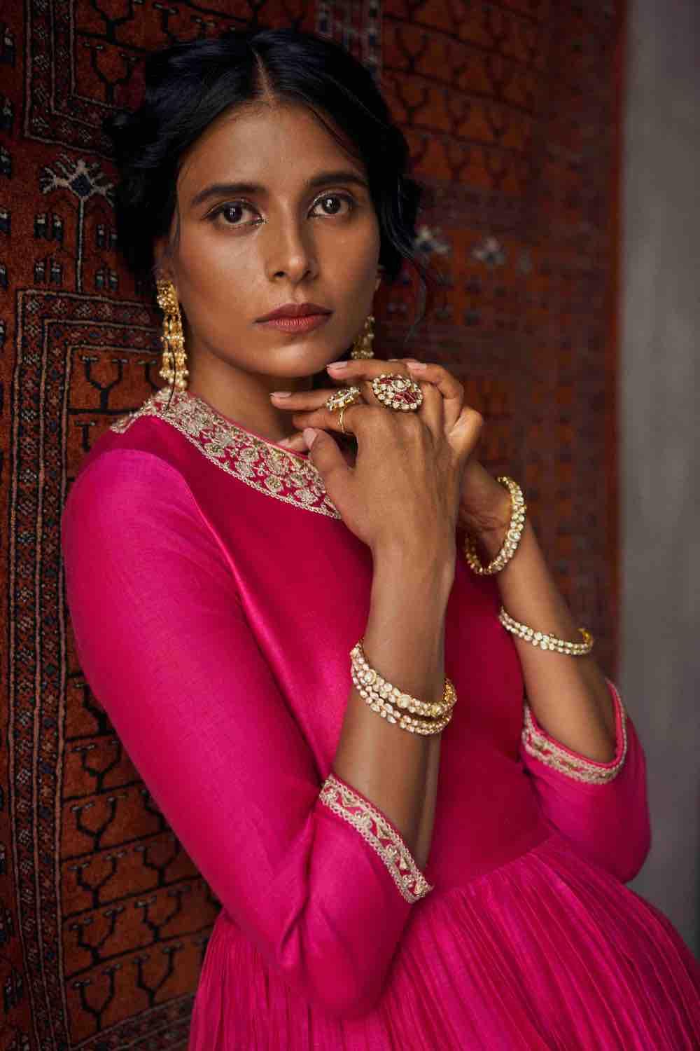 Fuchsia Pink Handloom Chanderi Anarkali Set