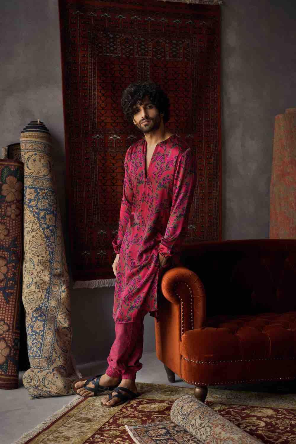 Cherry Red Satin Silk Printed Kurta And Joggers Pants Punit Balana