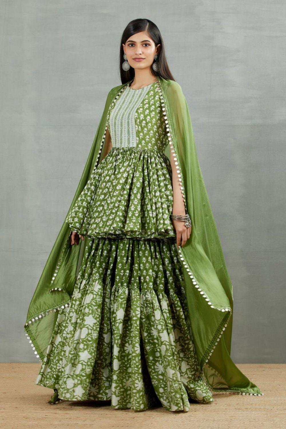 Olive Green Printed Resham Work Gharara Set