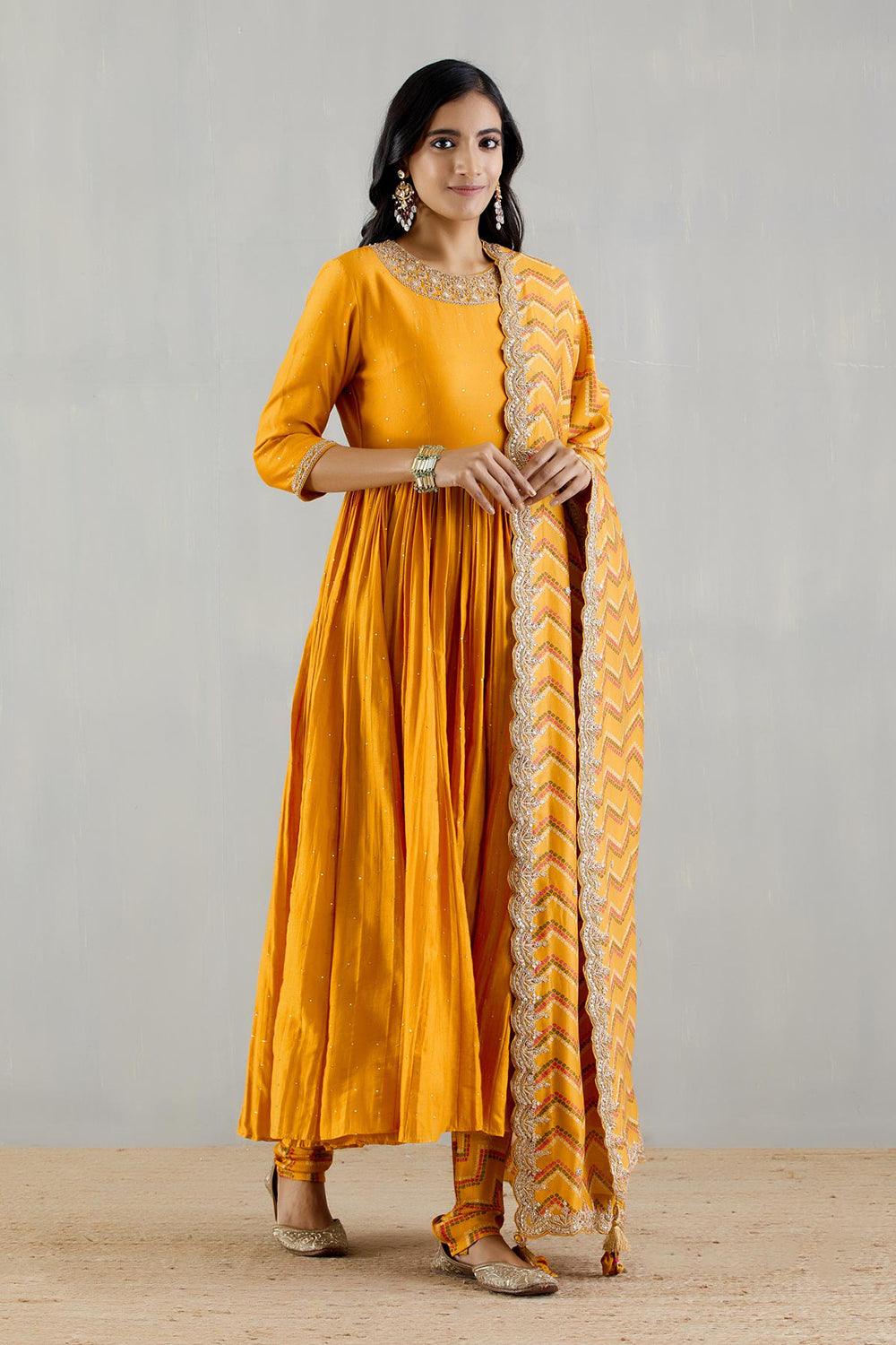 Mustard Anarakli With Printed Dupatta And Chudidar