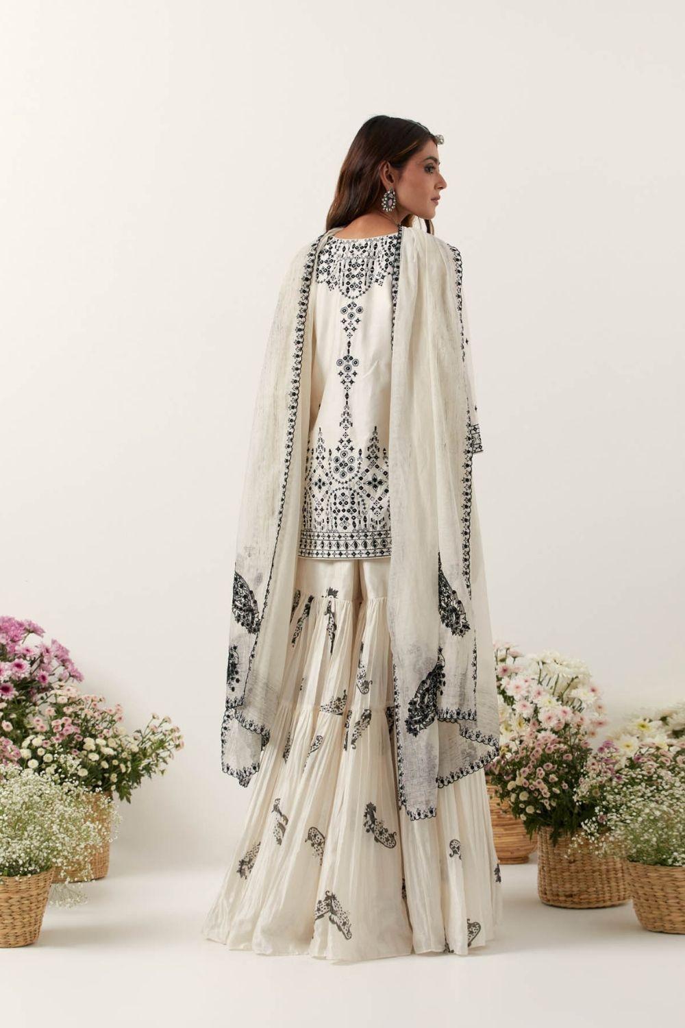 Ivory Mirror & Resham Embroidered Kurti Paired With Gharara & Dupatta
