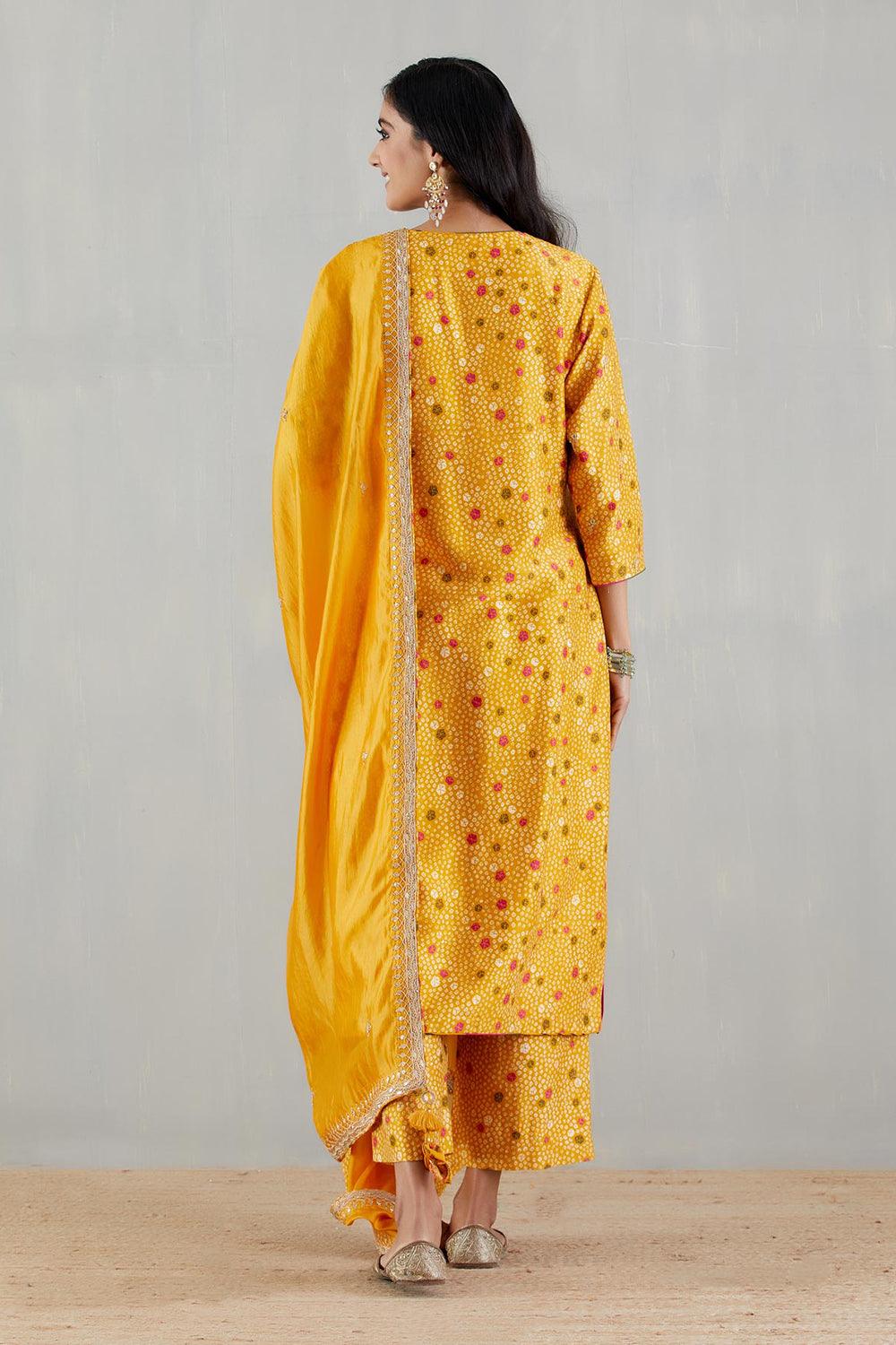Mustard Printed Kurta With Organza Silk Dupatta And Pants