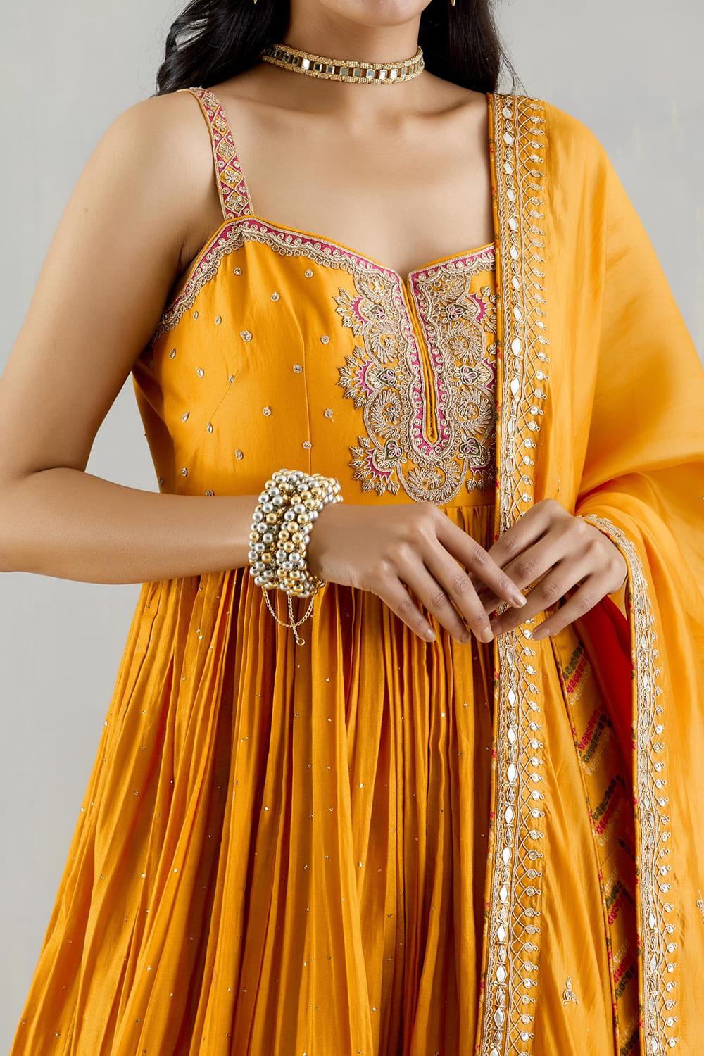 Mustard Strappy Kurta With Printed Gharara And Organza Silk Dupatta