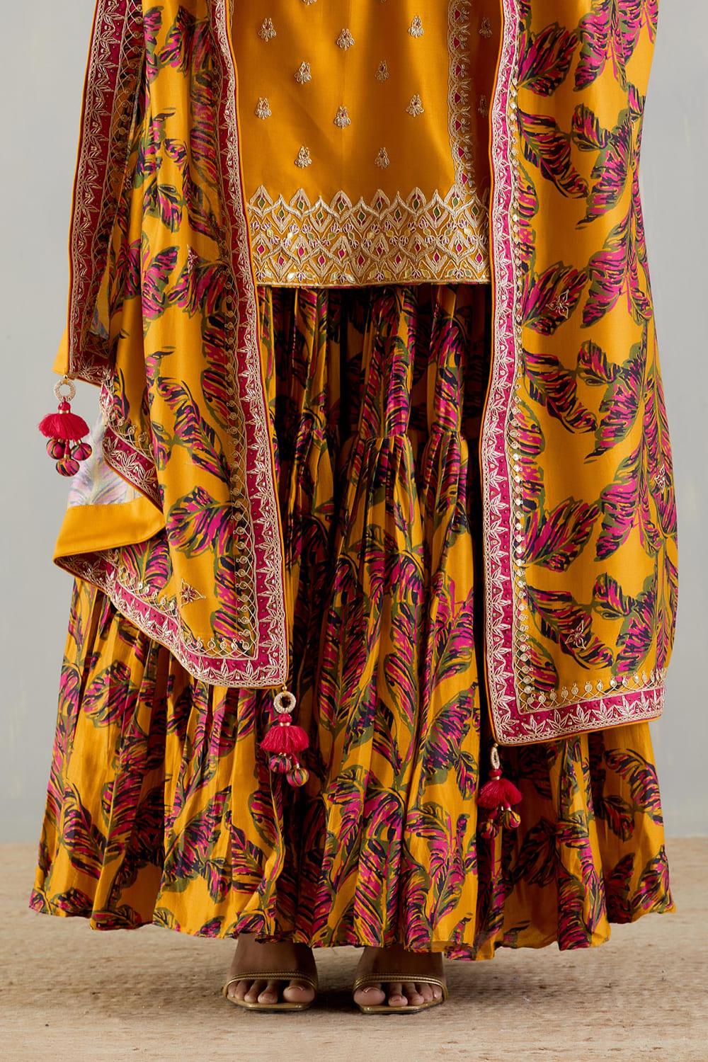 Mustard Kurti With Printed Gharara And Dupatta