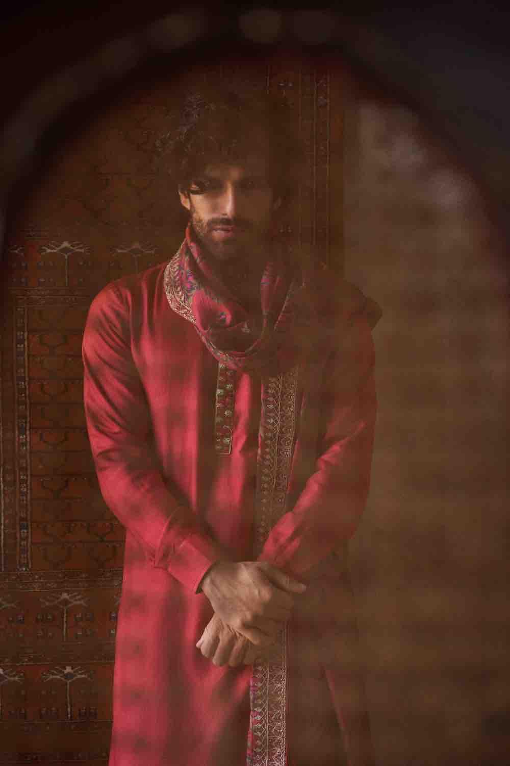 Cherry Red Tussar Silk Kurta With Churidar And Dushala Set