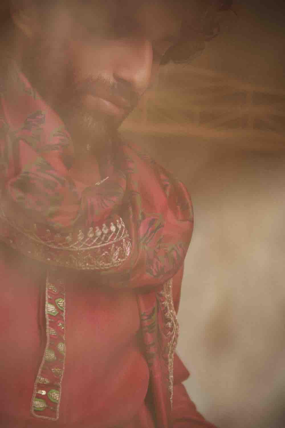 Cherry Red Tussar Silk Kurta With Churidar And Dushala Set