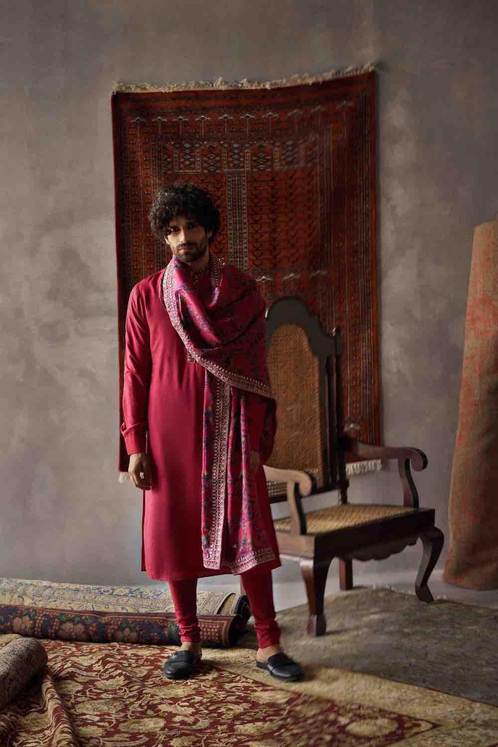 Cherry Red Tussar Silk Kurta With Churidar And Dushala Set
