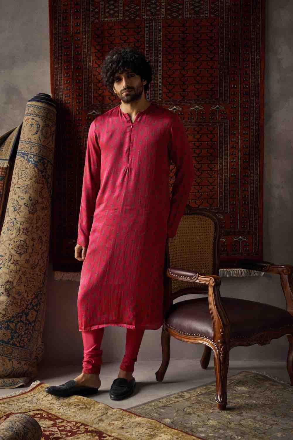 Cherry Red Satin Silk Straight Kurta Set - Punit Balana – LIVEtheCOLLECTIVE