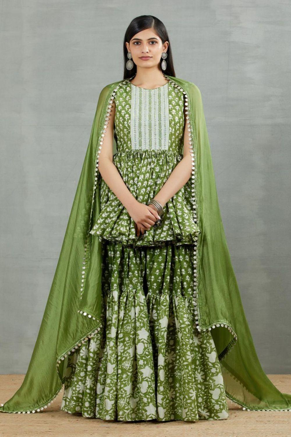 Olive Green Printed Resham Work Gharara Set