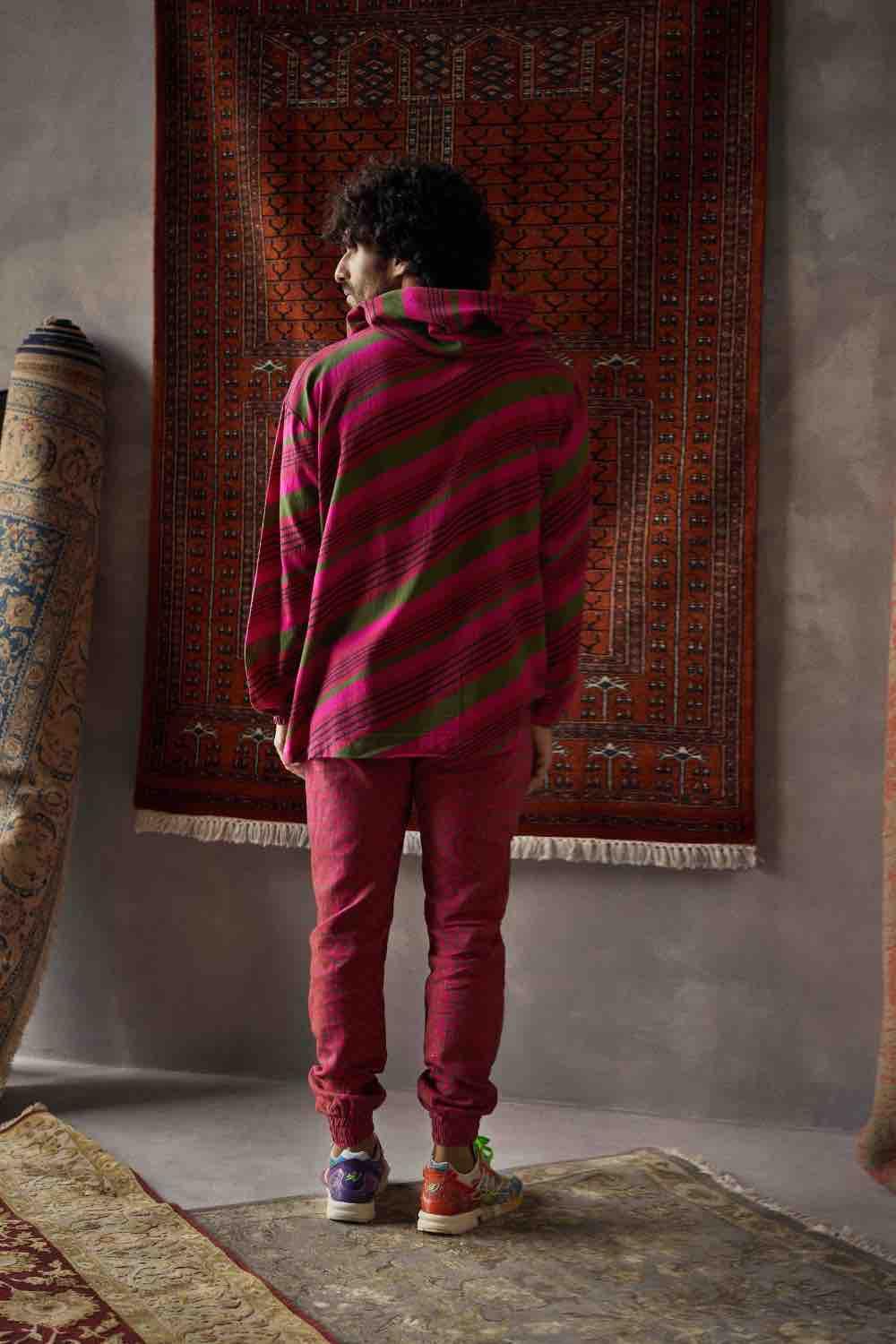 Cherry Red Linen Oversized Hoodie With Joggers Pants