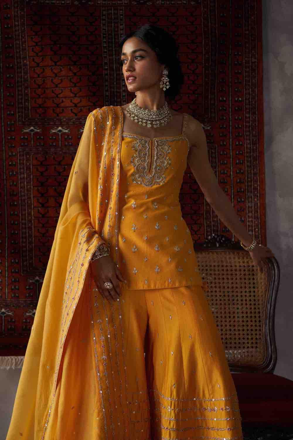 Mustard Silk Chanderi Sharara Set