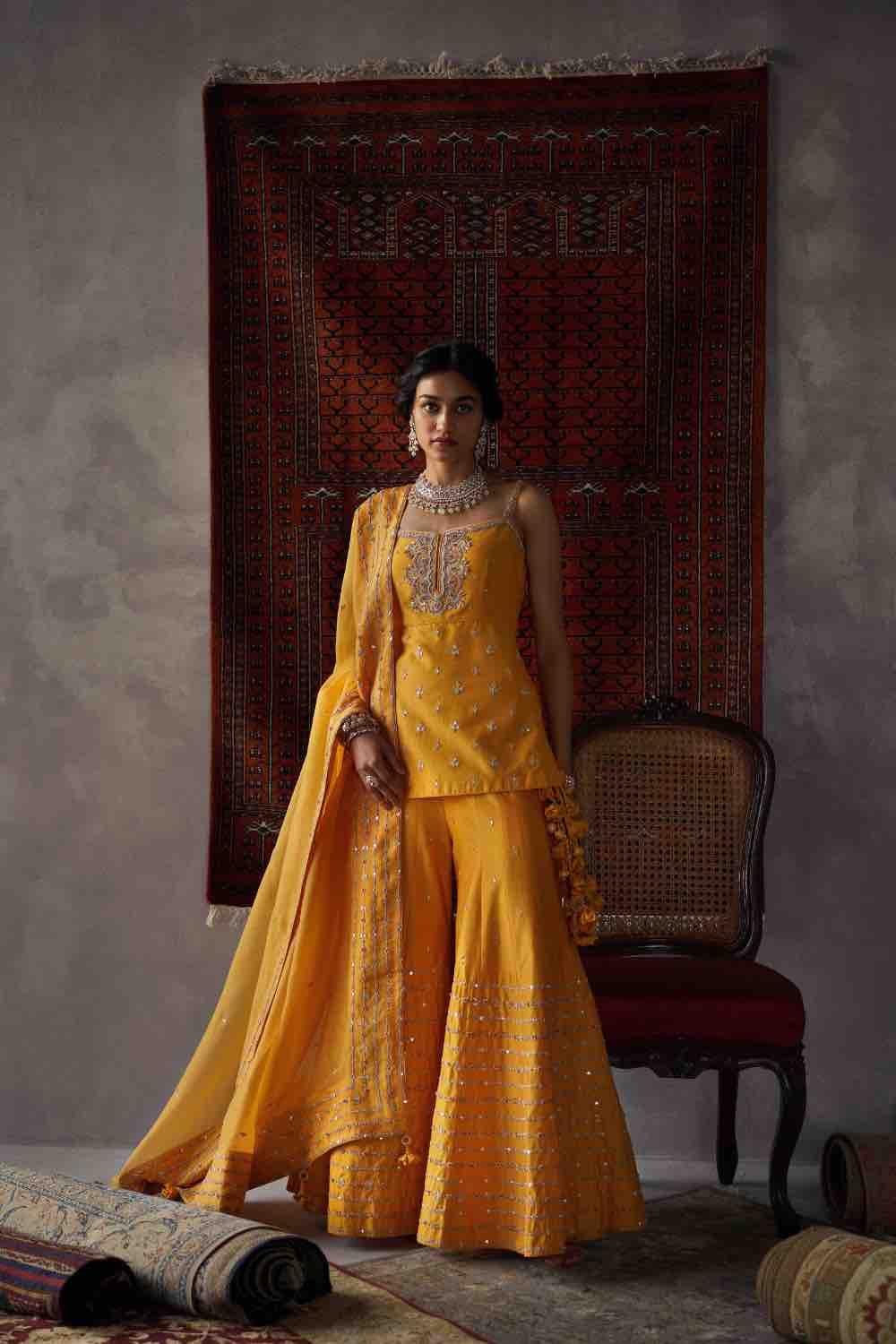 Mustard Silk Chanderi Sharara Set