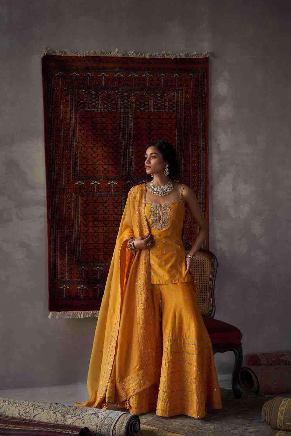 Mustard Silk Chanderi Sharara Set