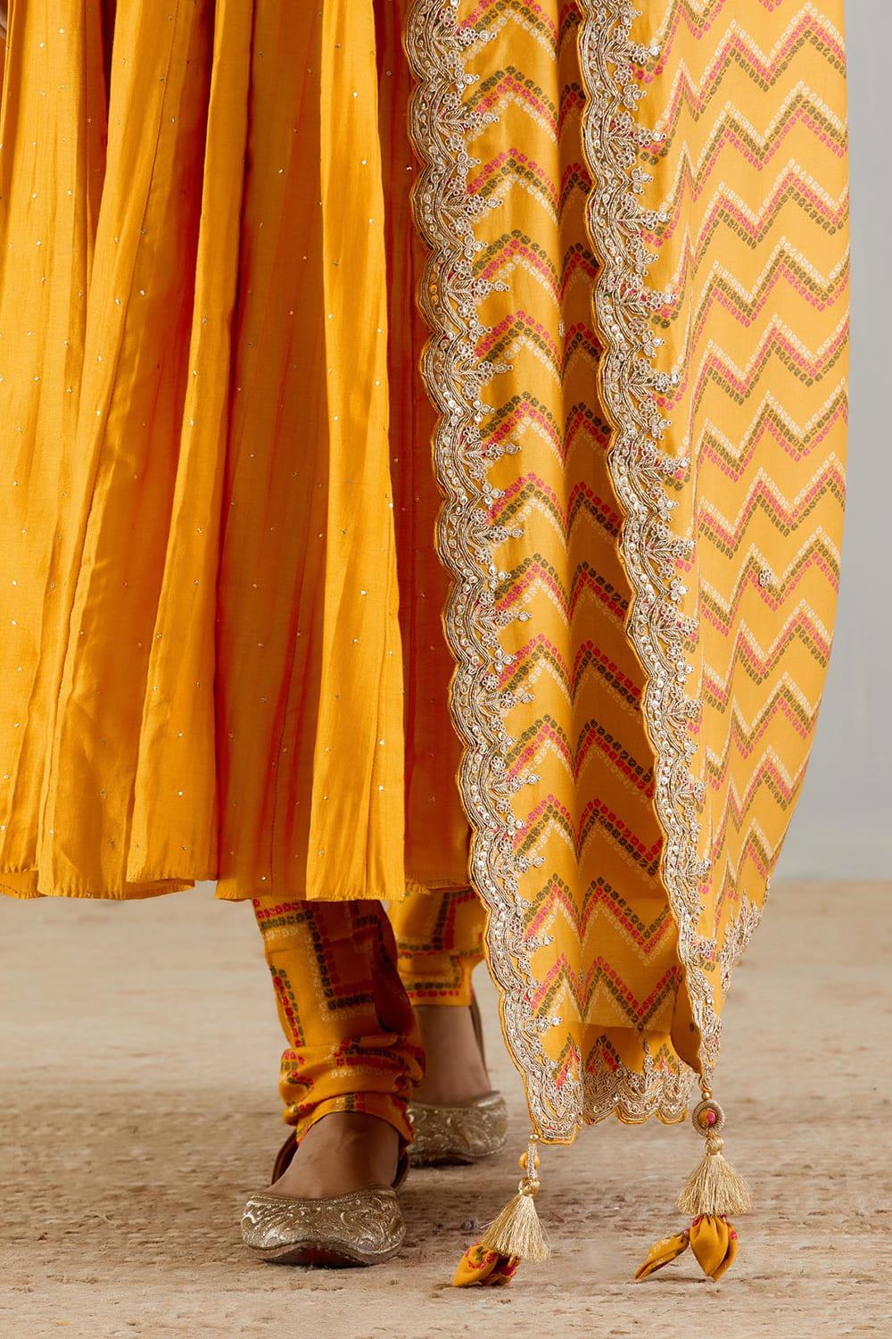 Mustard Anarakli With Printed Dupatta And Chudidar