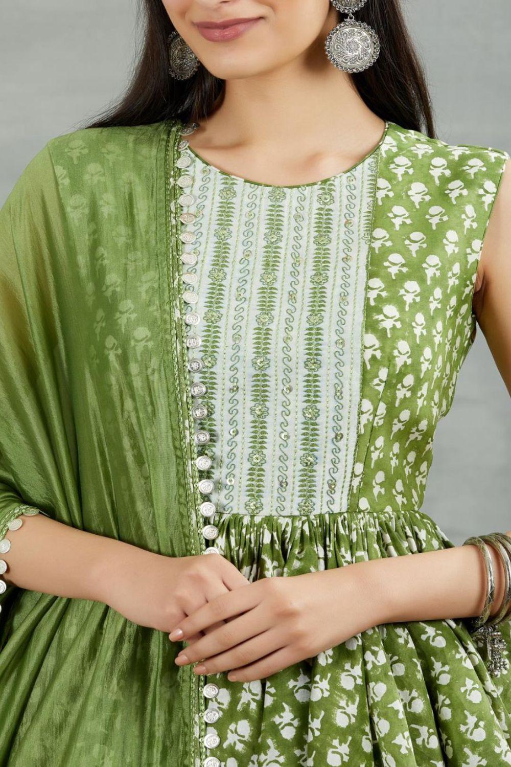 Olive Green Printed Resham Work Gharara Set