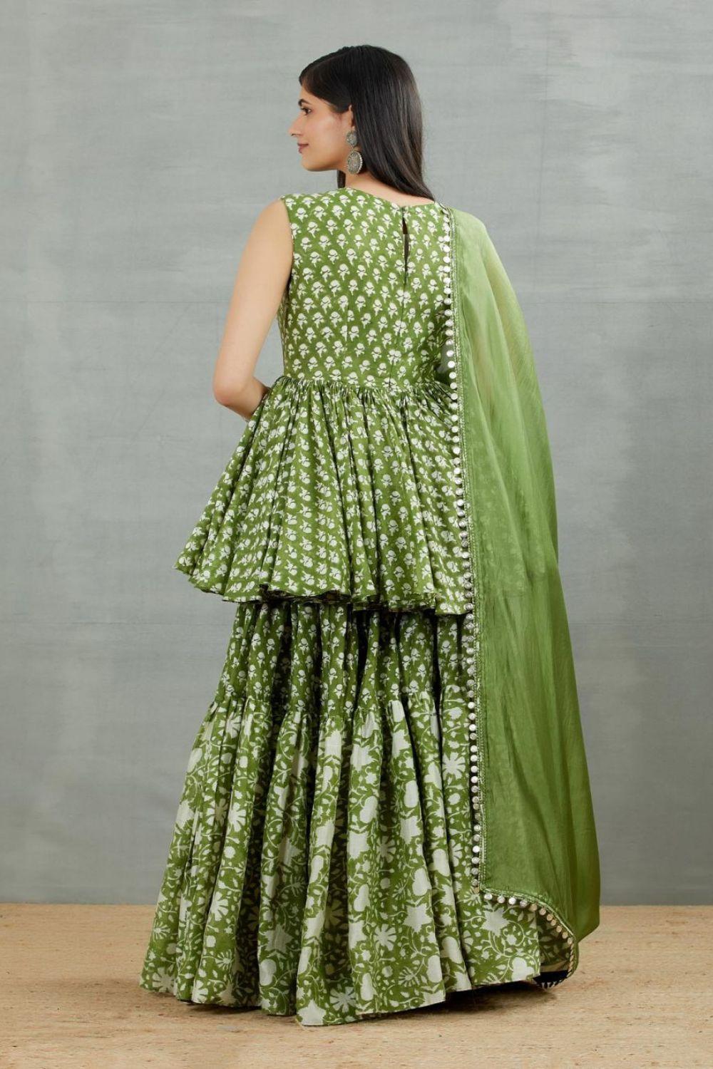 Olive Green Printed Resham Work Gharara Set