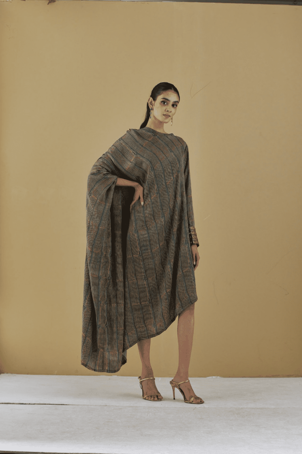 Green stripes printed One Sleeve Dress With Embroidered Cuff