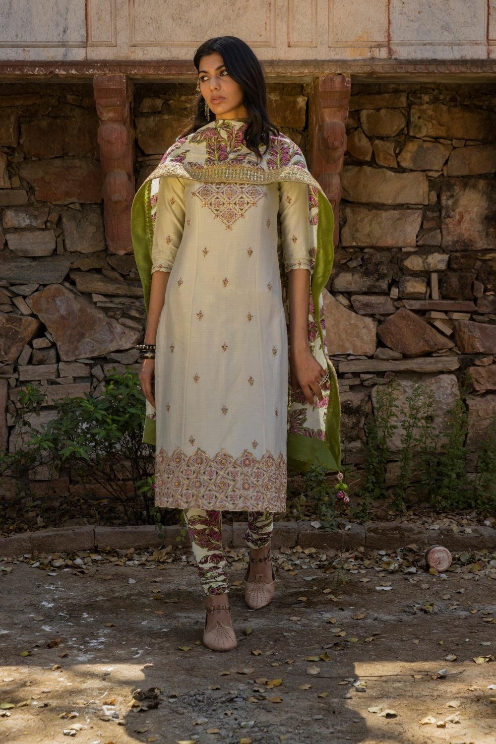 Hand Work Straight Kurta With Printed Churidar And Dupatta Punit