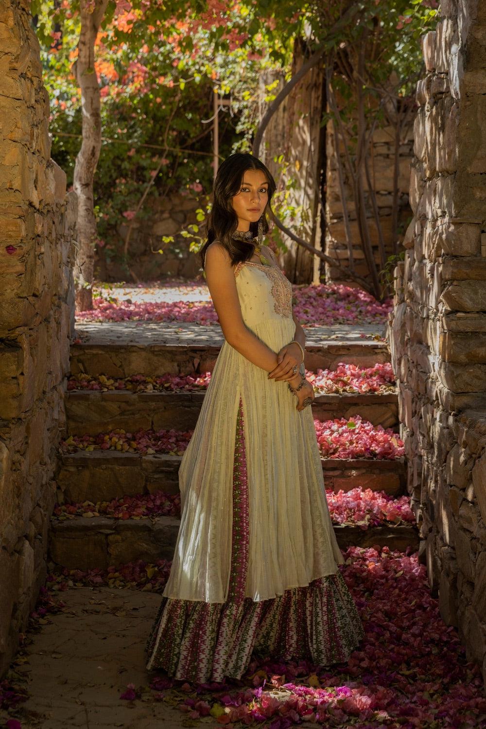 Hand Work Crushed Strappy Kurti With Sharara