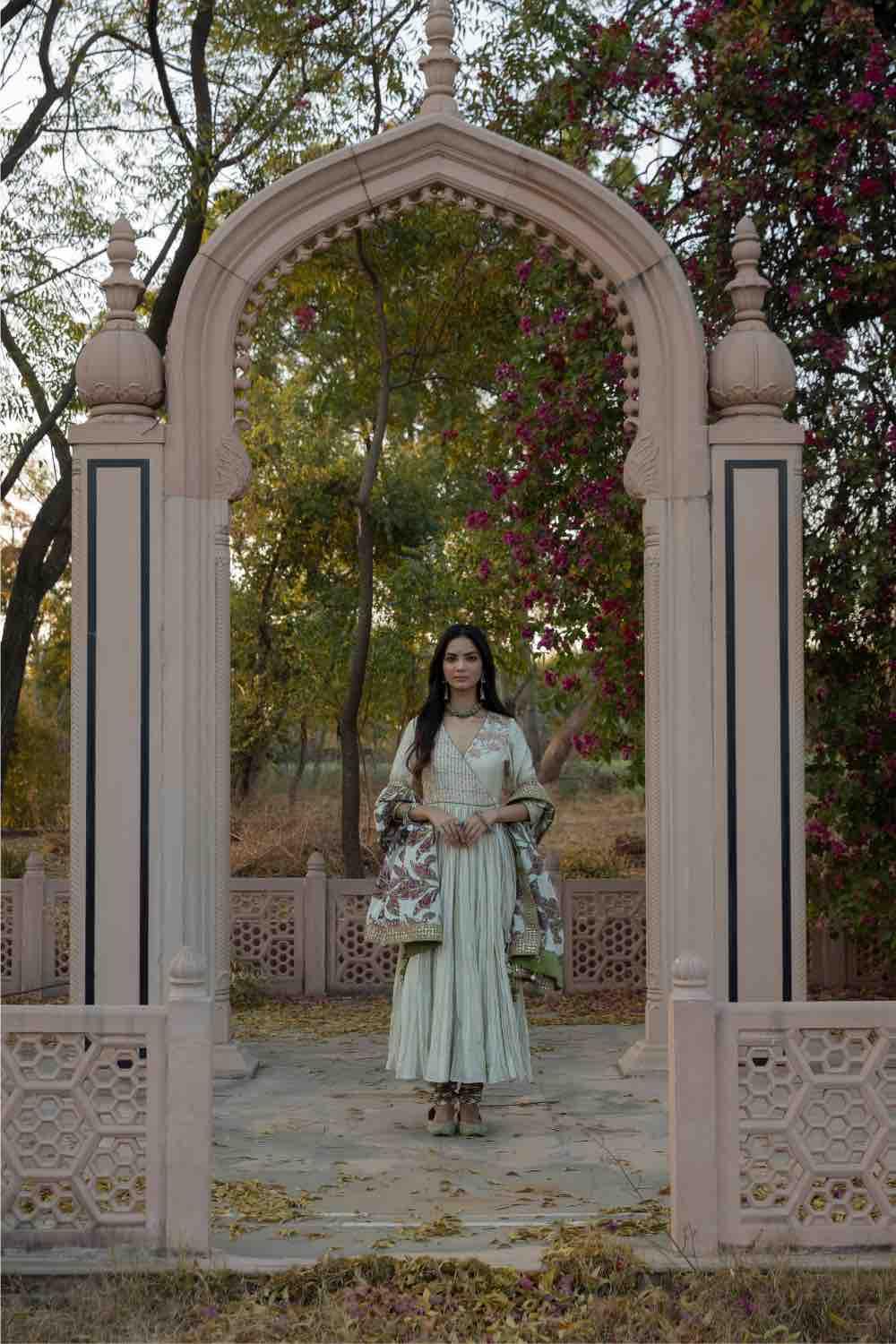 Marodi Work Angrakha With Printed Churidar And Dupatta