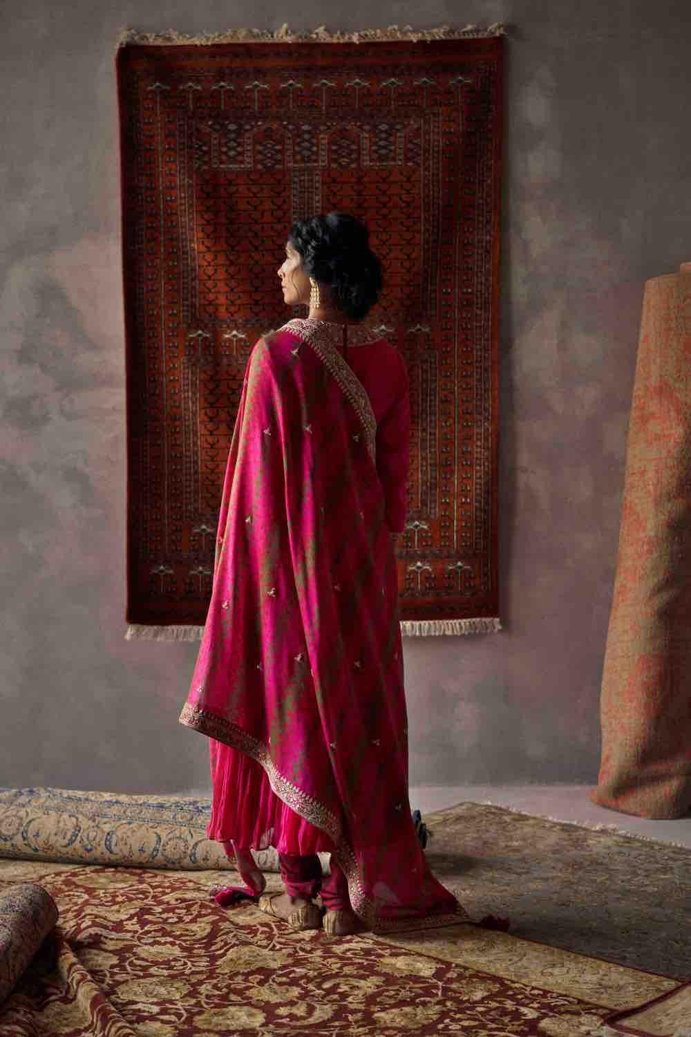 Fuchsia Pink Handloom Chanderi Anarkali Set