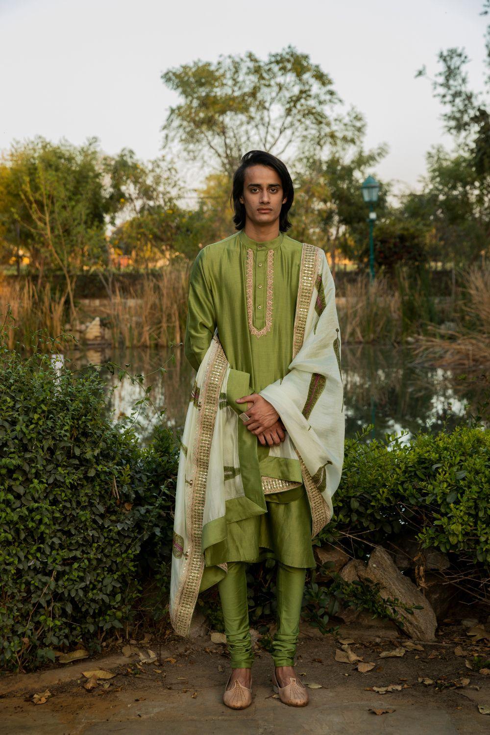 Dark Green Kurta With Churidar And Marodi Work Stole