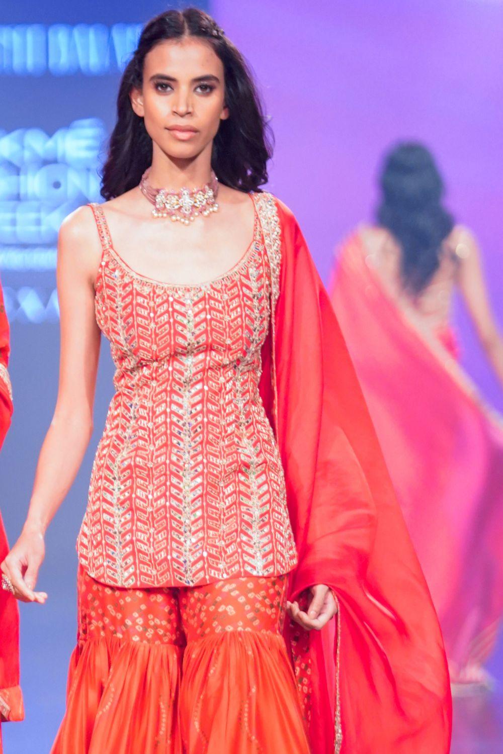 Surkh laal Strappy Short Kurti Paired With Printed Gharara & Dupatta