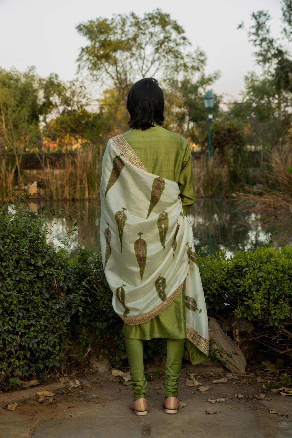 Dark Green Kurta With Churidar And Marodi Work Stole
