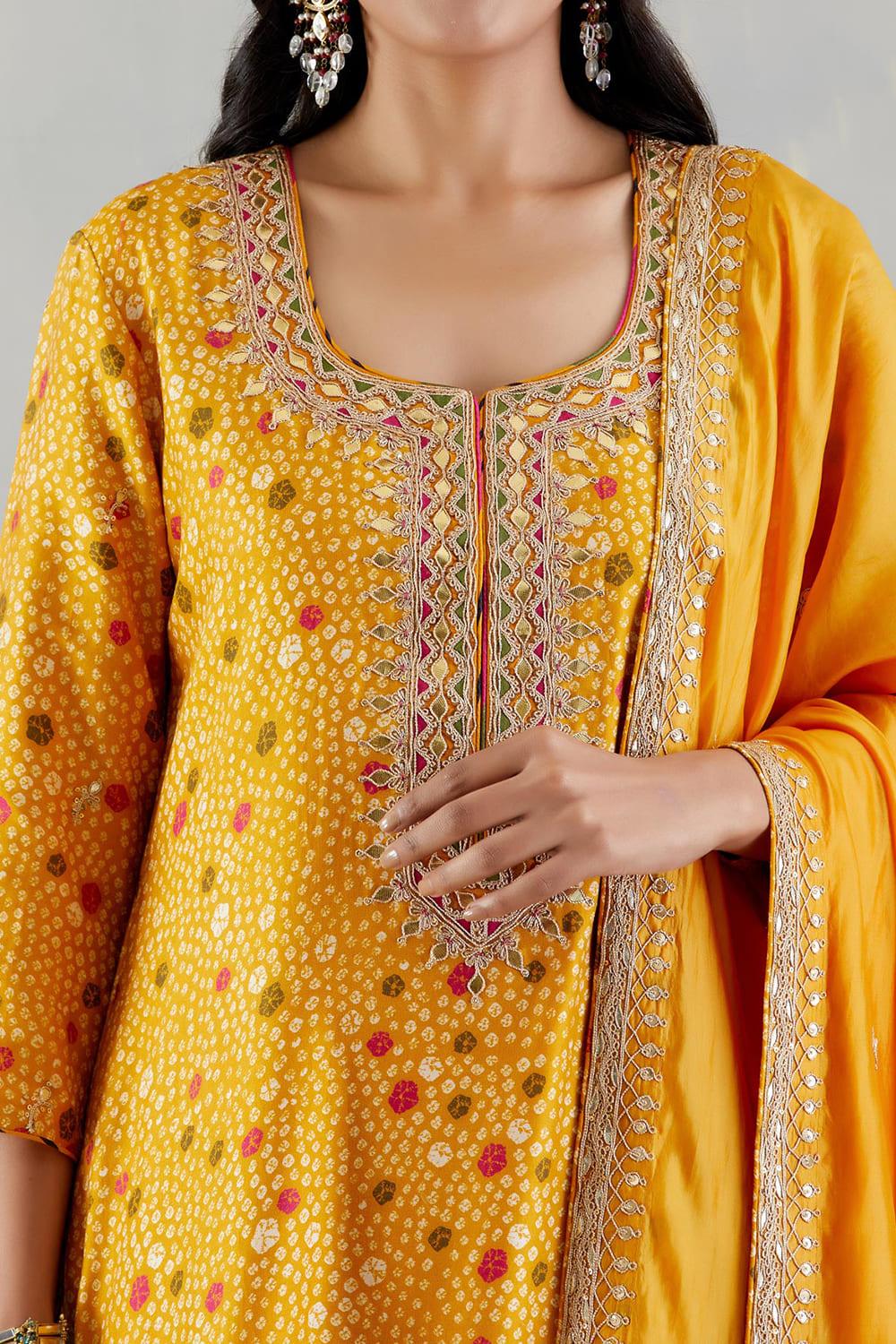 Mustard Printed Kurta With Organza Silk Dupatta And Pants
