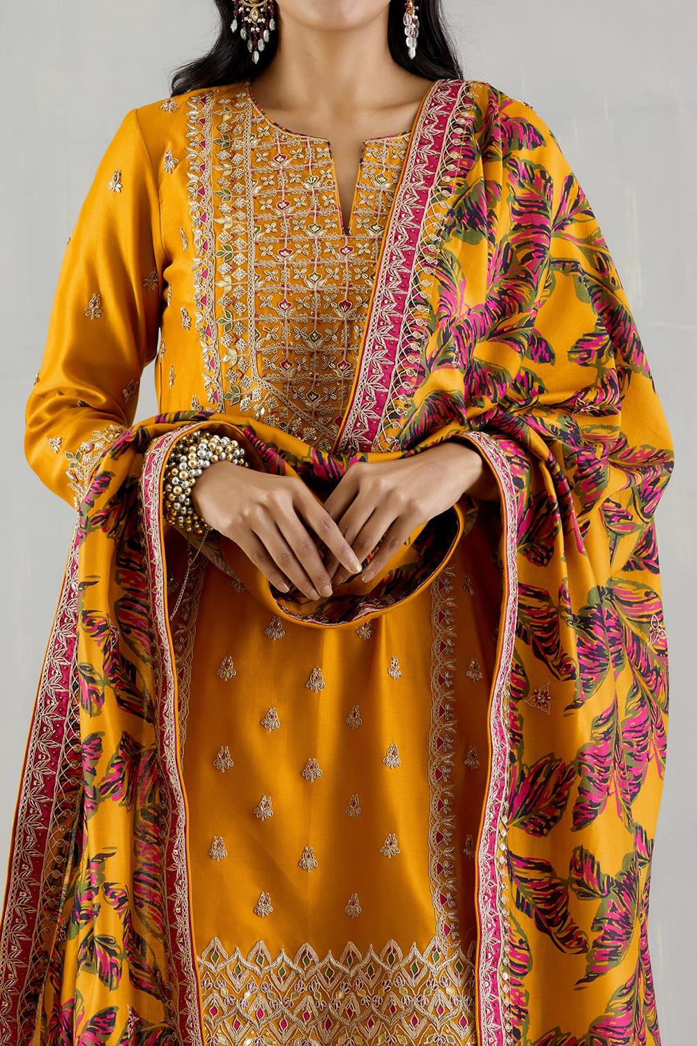 Mustard Kurti With Printed Gharara And Dupatta