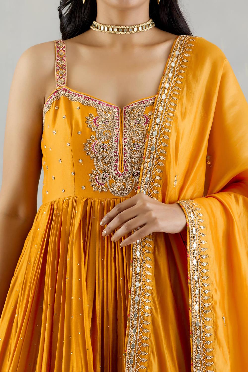 Mustard Strappy Kurta With Printed Gharara And Organza Silk Dupatta