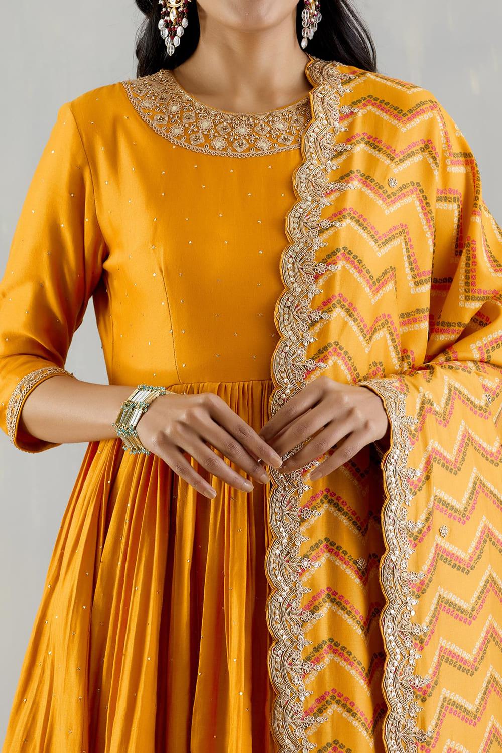 Mustard Anarakli With Printed Dupatta And Chudidar
