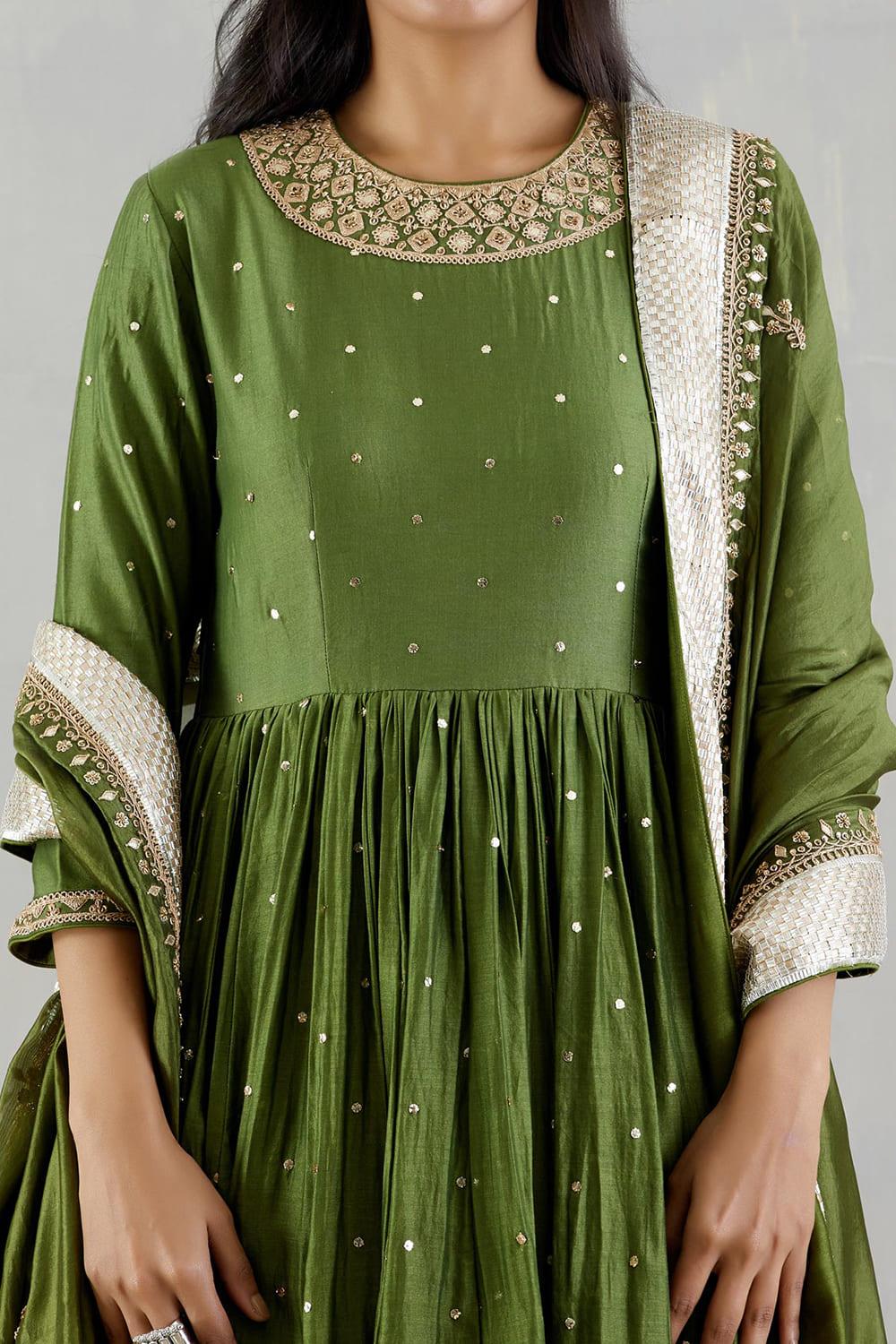 Pickle Green Zero Neck Anarkali With Dupatta And Chudidar