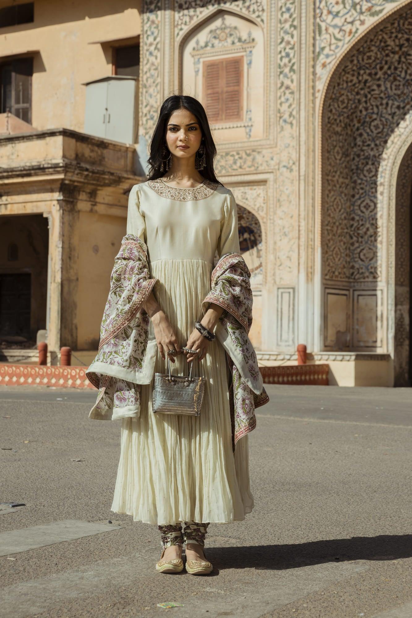 Mint Anarkali With Churidar And Printed Dupatta