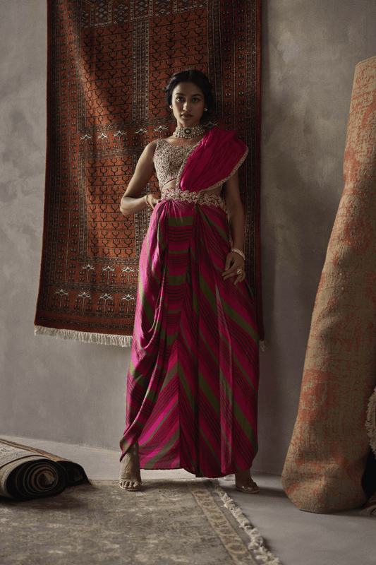 Cherry Red Satin Silk And Organza Silk Drape Saree Set